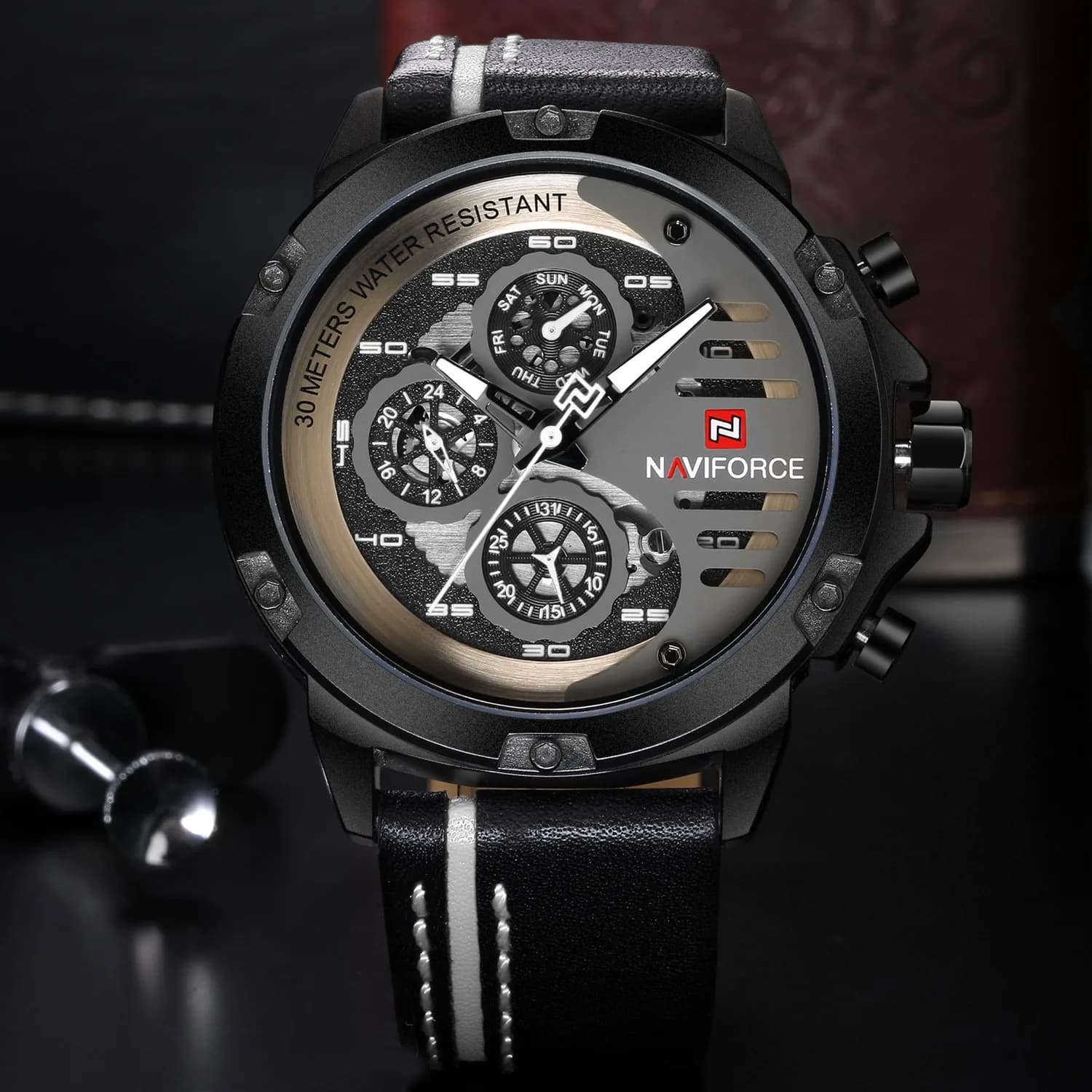 NAVIFORCE Men's Black, White & Black Sport Military Analog Quartz Watch with Date & Luminous Hands - view 4