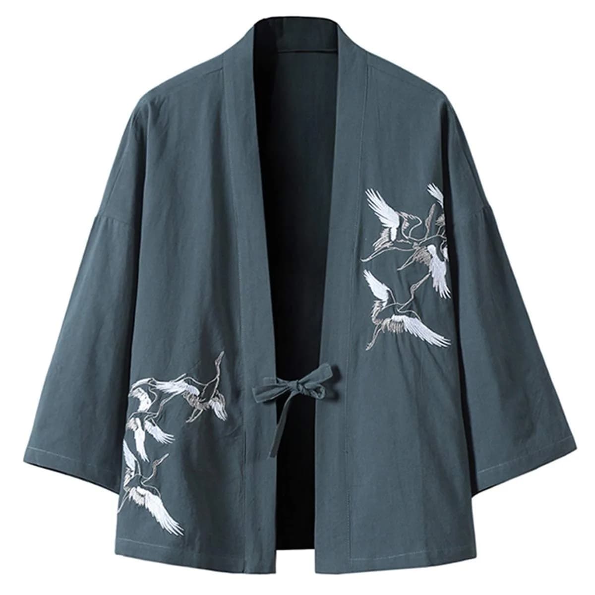 PRIJOUHE Mens Japanese Kimono Cardigan Cotton Linen Haori 3/4 Sleeve | Casual Lightweight Breathable