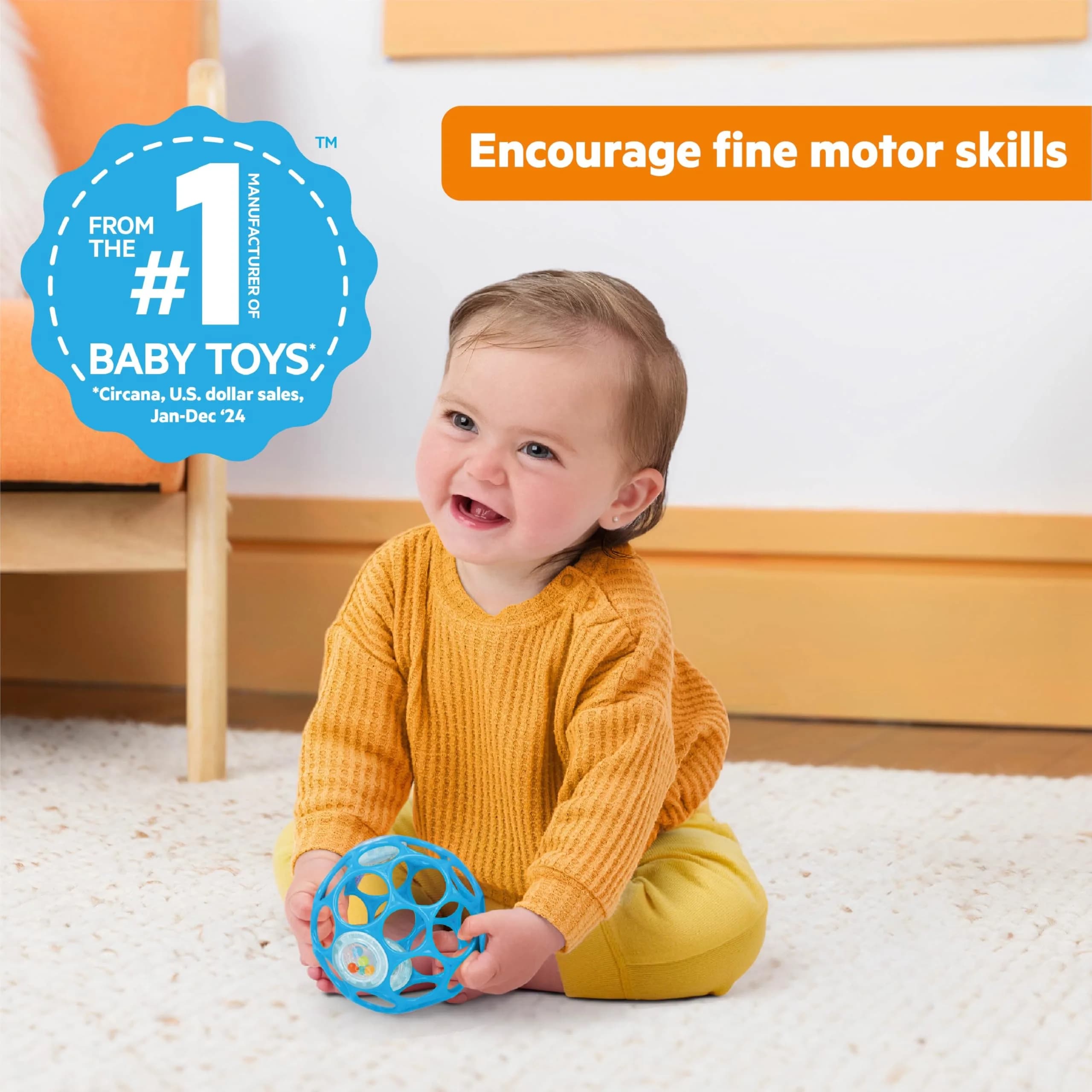 Bright Starts Oball Rattle Ball Infant Toy, Blue, 0-36 Months | Easy-Grasp Sensory Toy for Babies - view 2