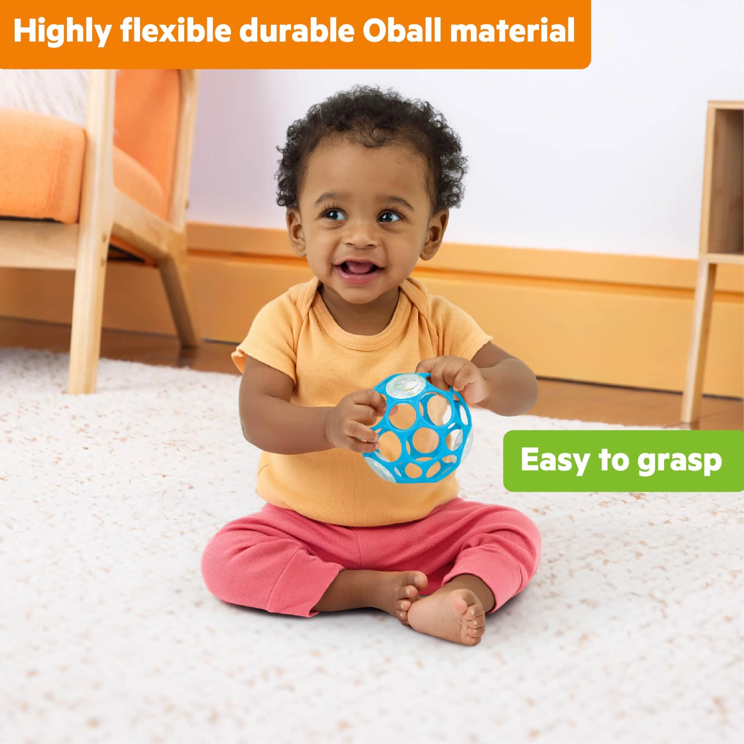 Bright Starts Oball Rattle Ball Infant Toy, Blue, 0-36 Months | Easy-Grasp Sensory Toy for Babies - view 3