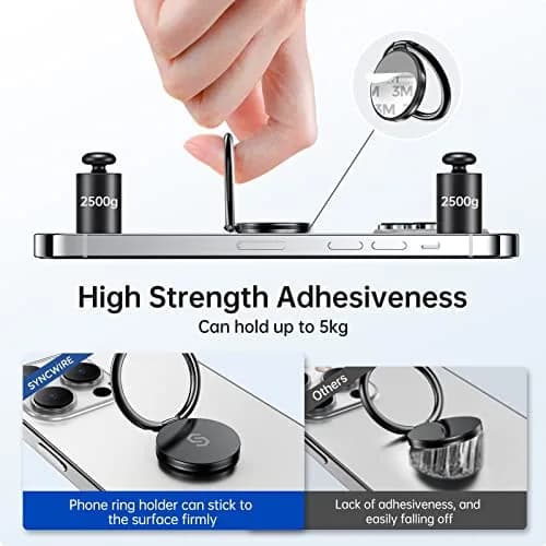 SYNCWIRE Adhesive Phone Ring Holder, Cell Phone Grip, iPhone Ring Stand with Magnetic Car Mount Plate (Black, 1 Pack) thumbnail 4