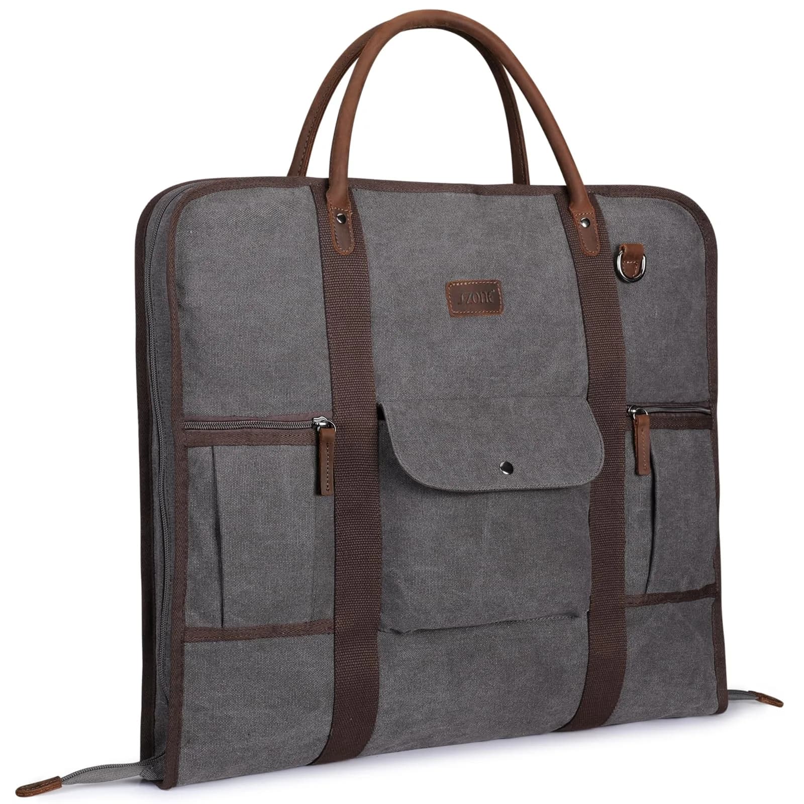 S-ZONE Carry On Garment Bag for Business Travel, Men's Suit Cover with Leather & Canvas, 1.33 KG | Wrinkle-Free Suit Protection — Grey