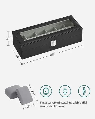 SONGMICS 6-Slot Watch Box with Glass Lid & Removable Pillows | 30.2 cm (11.9") x 11.2 cm (4.4") x 8 cm (3.1") thumbnail 5