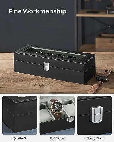 SONGMICS 6-Slot Watch Box with Glass Lid & Removable Pillows | 30.2 cm (11.9") x 11.2 cm (4.4") x 8 cm (3.1") thumbnail 2
