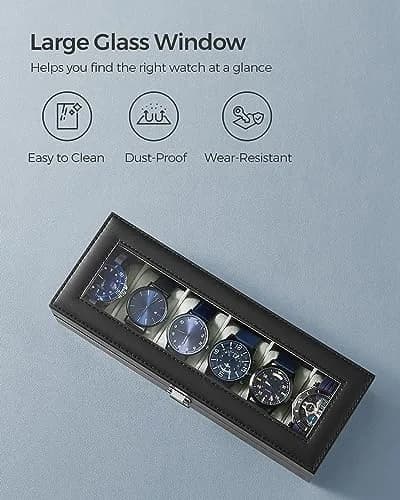 SONGMICS 6-Slot Watch Box with Glass Lid & Removable Pillows | 30.2 cm (11.9") x 11.2 cm (4.4") x 8 cm (3.1") thumbnail 3