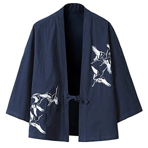 PRIJOUHE Mens Japanese Kimono Cardigan Cotton Linen Haori 3/4 Sleeve | Lightweight Breathable Casual thumbnail 1