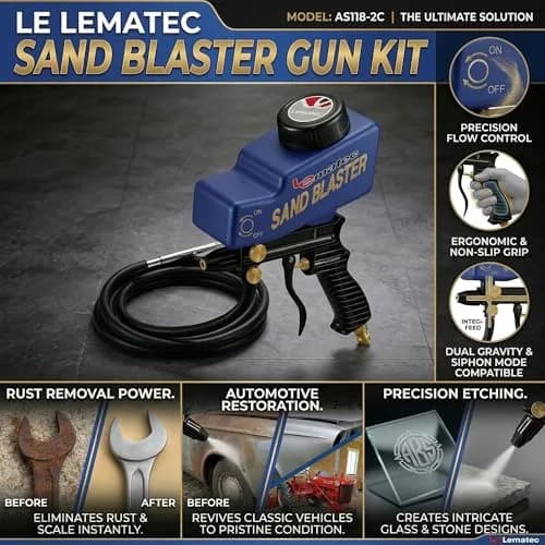 LE LEMATEC Sand Blaster Gun Kit for Air Compressor Rust Removal | Portable, Dual Mode, Ceramic Nozzle thumbnail 9