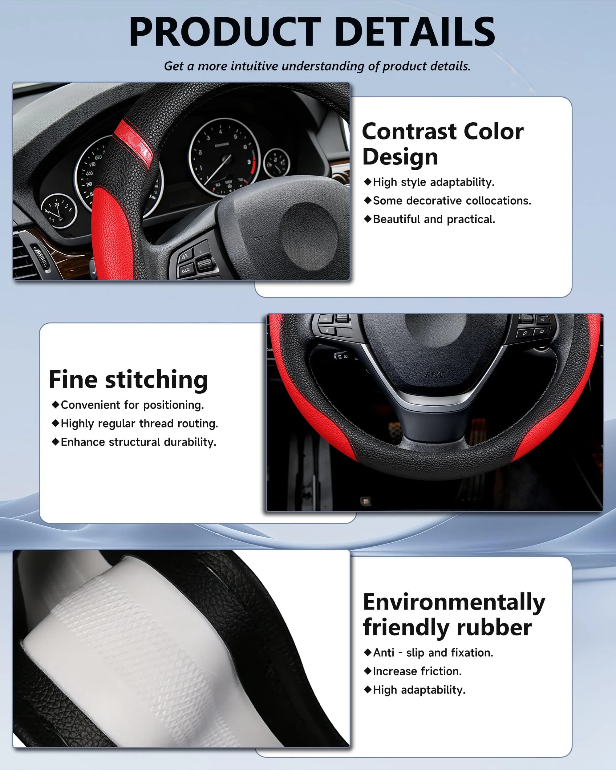 Cxtiy Red Leather Steering Wheel Cover for Cars 38cm (15 inch) | Universal Fit for Enhanced Grip - view 5