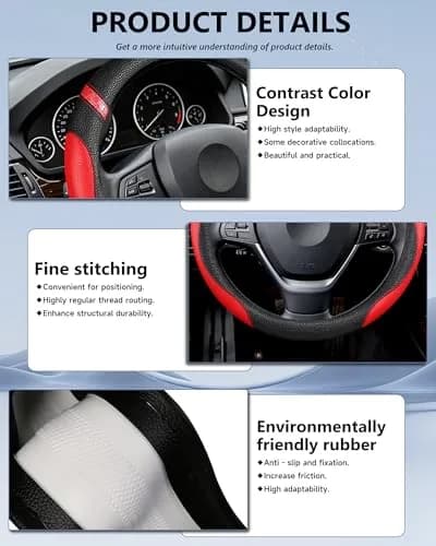 Cxtiy Red Leather Steering Wheel Cover for Cars 38cm (15 inch) | Universal Fit for Enhanced Grip thumbnail 5