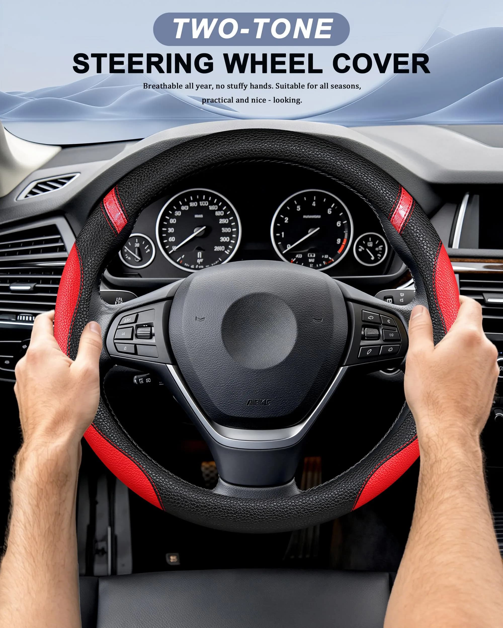 Cxtiy Red Leather Steering Wheel Cover for Cars 38cm (15 inch) | Universal Fit for Enhanced Grip - view 2