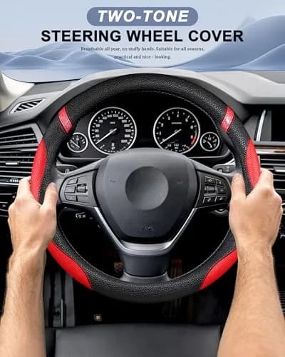 Cxtiy Red Leather Steering Wheel Cover for Cars 38cm (15 inch) | Universal Fit for Enhanced Grip thumbnail 2