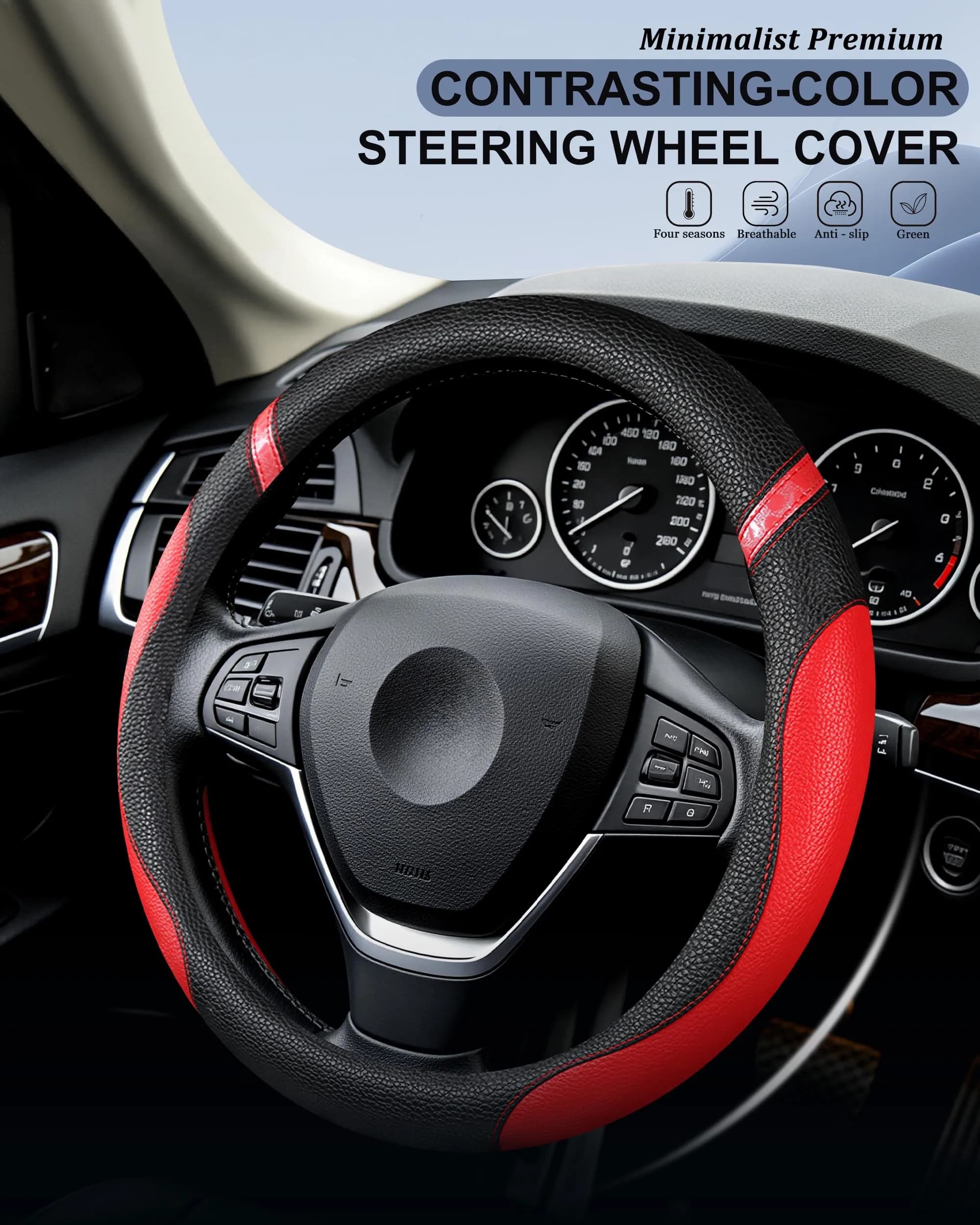 Cxtiy Red Leather Steering Wheel Cover for Cars 38cm (15 inch) | Universal Fit for Enhanced Grip - view 3