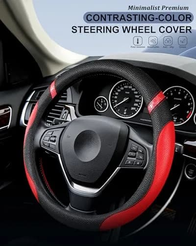 Cxtiy Red Leather Steering Wheel Cover for Cars 38cm (15 inch) | Universal Fit for Enhanced Grip thumbnail 3