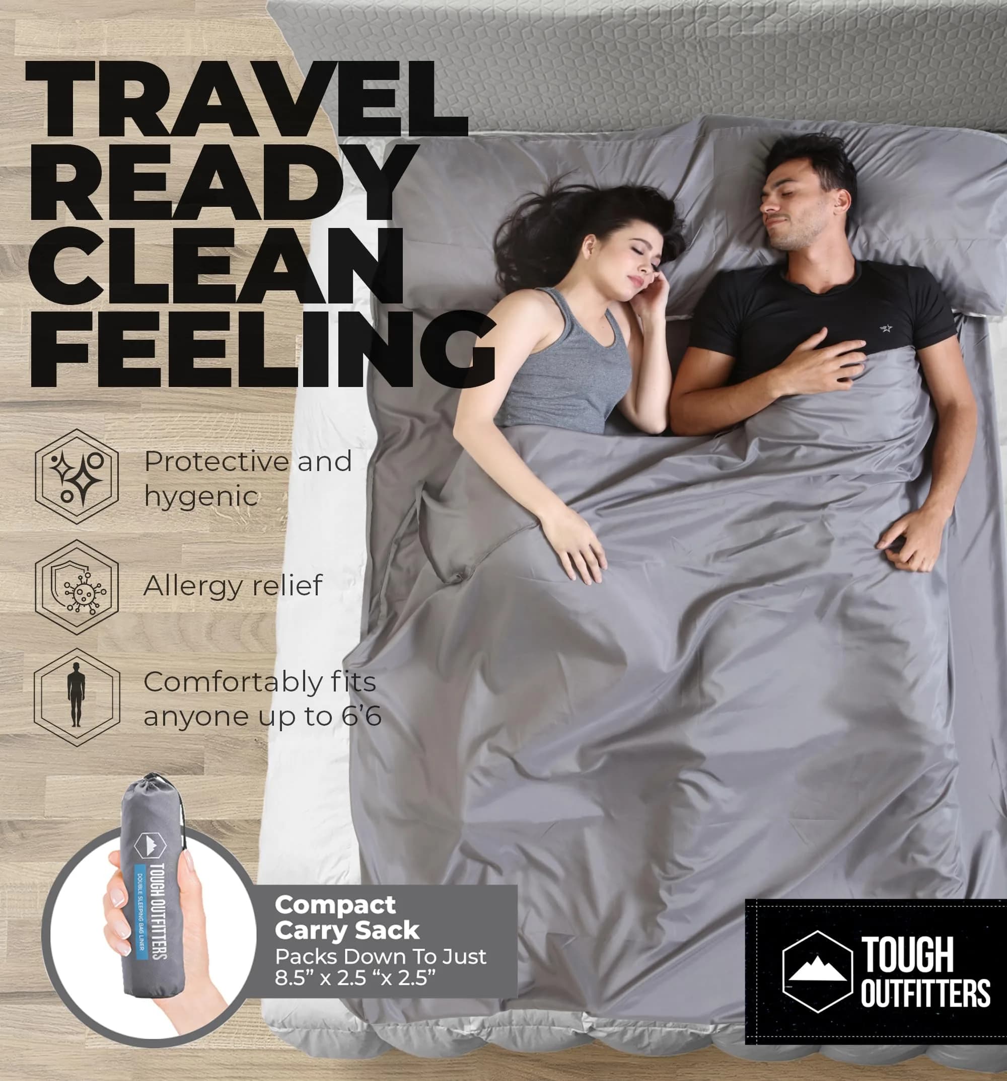 Tough Outdoors Double Sleeping Bag Liner 203cm (85") x 188cm (74") with Zipper | Ultralight Polyester Travel Sheet for Camping & Hotels - view 2
