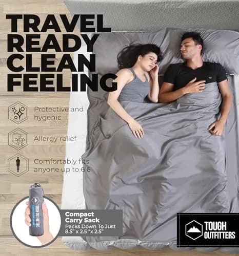 Tough Outdoors Double Sleeping Bag Liner 203cm (85") x 188cm (74") with Zipper | Ultralight Polyester Travel Sheet for Camping & Hotels thumbnail 2