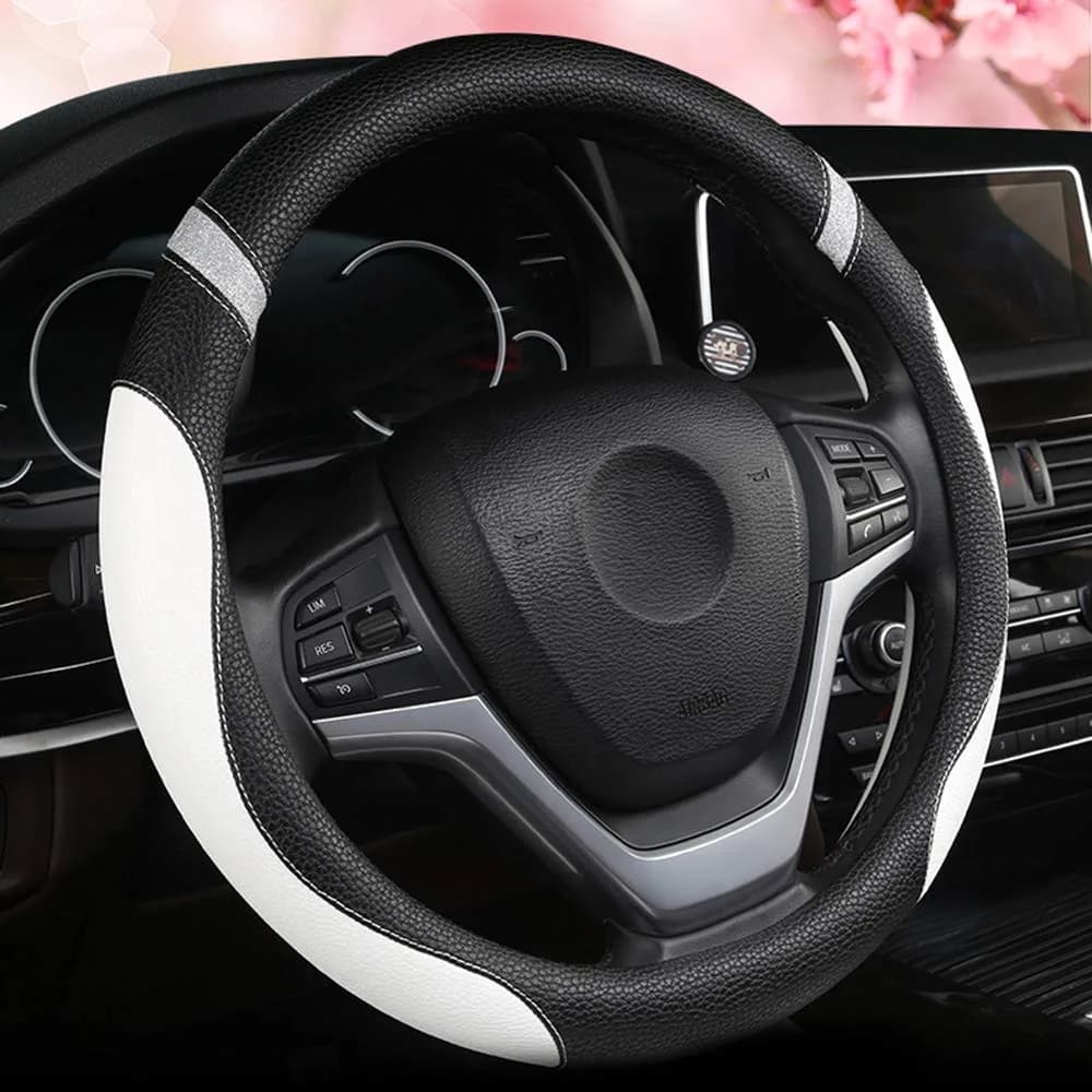 Cxtiy Universal Leather Steering Wheel Cover 38cm (15 Inch) Rose | Breathable, Anti-Slip Grip for Cars — White