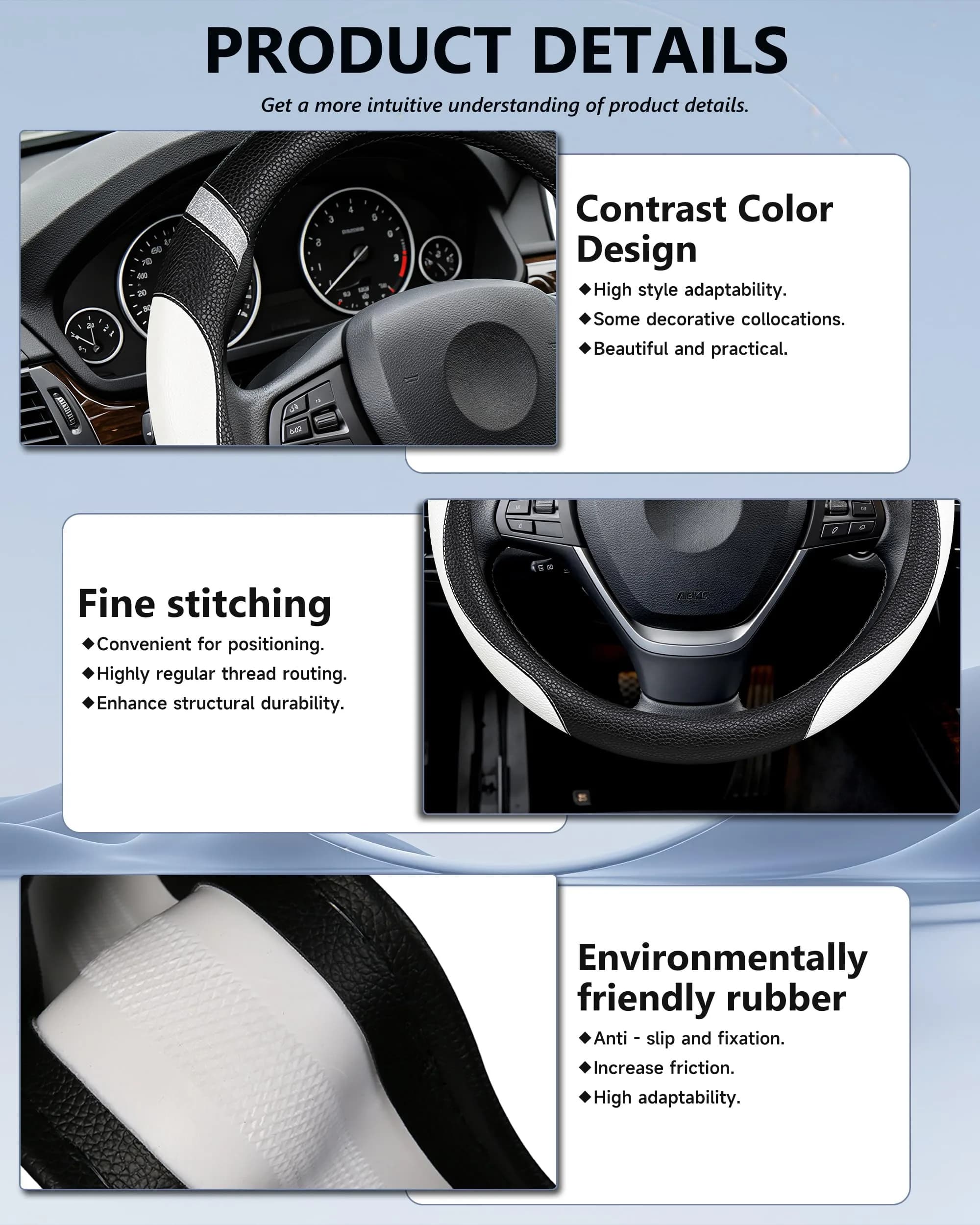 Cxtiy White Leather Steering Wheel Cover for Cars 38cm (15 Inch) | Universal Fit for Women - view 5
