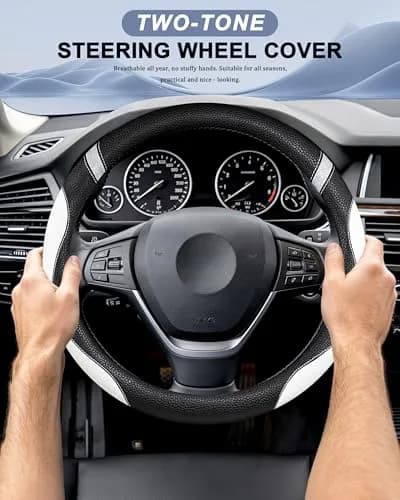 Cxtiy White Leather Steering Wheel Cover for Cars 38cm (15 Inch) | Universal Fit for Women thumbnail 2