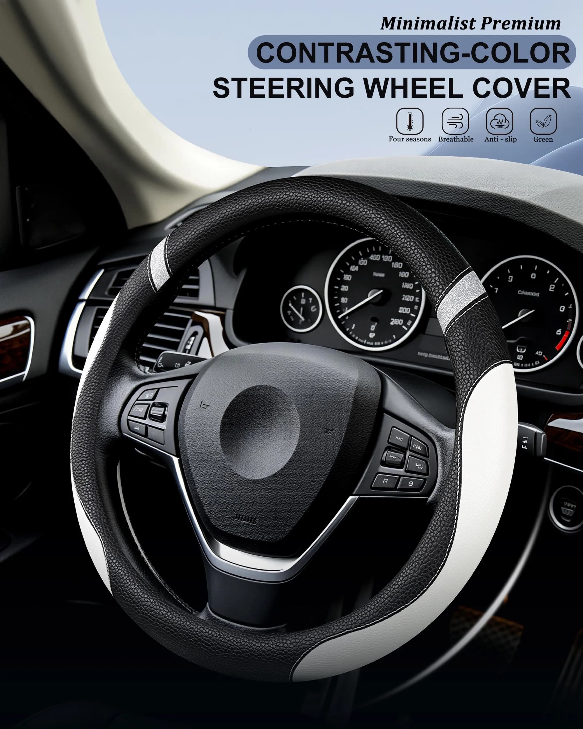 Cxtiy White Leather Steering Wheel Cover for Cars 38cm (15 Inch) | Universal Fit for Women - view 3