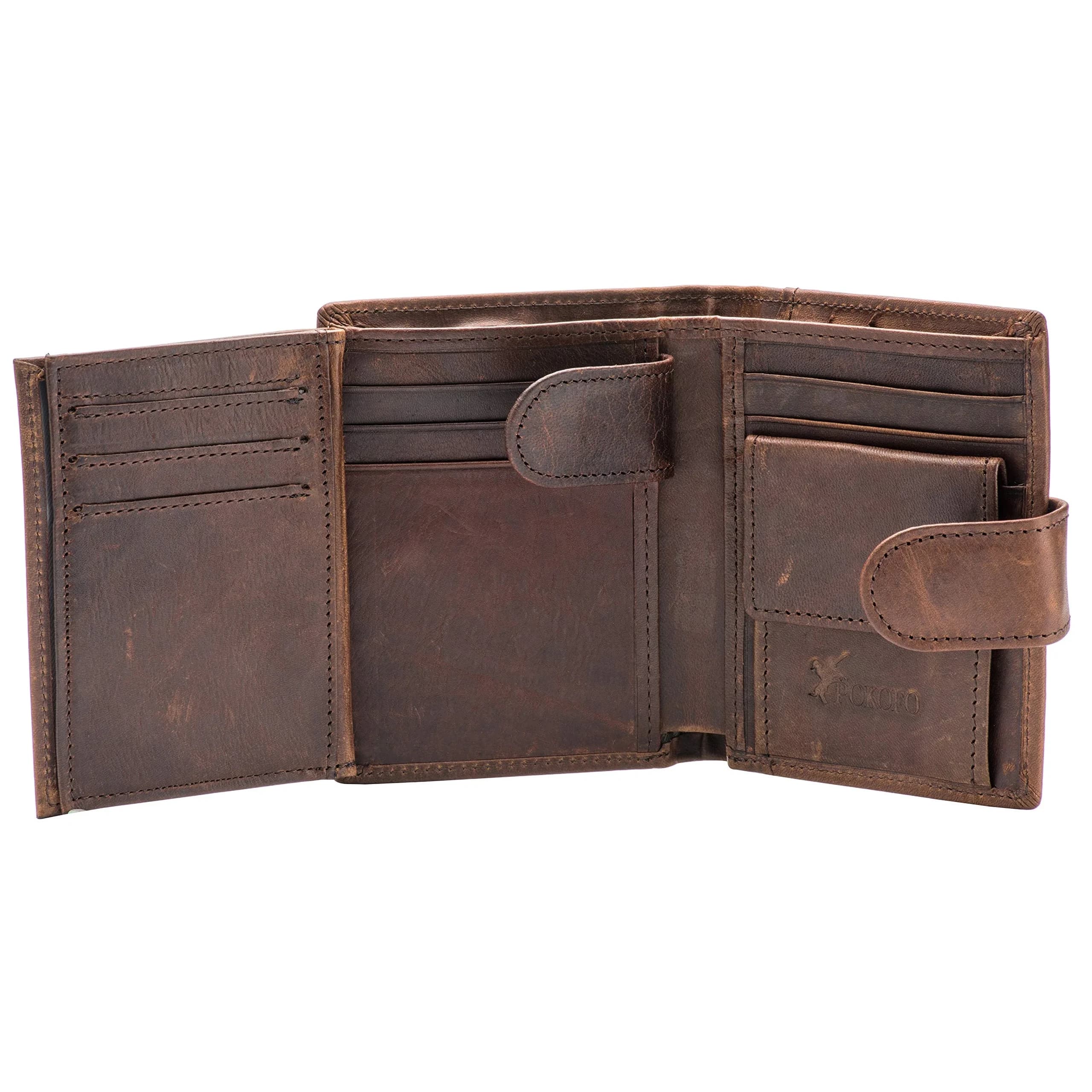 POKOFO RFID Genuine Leather Trifold Wallet with Snap Closure & 10 Card Slots | 11.7 cm (4.6") x 8.9 cm (3.5") x 1.5 cm (0.6") — Coffee Regular Size