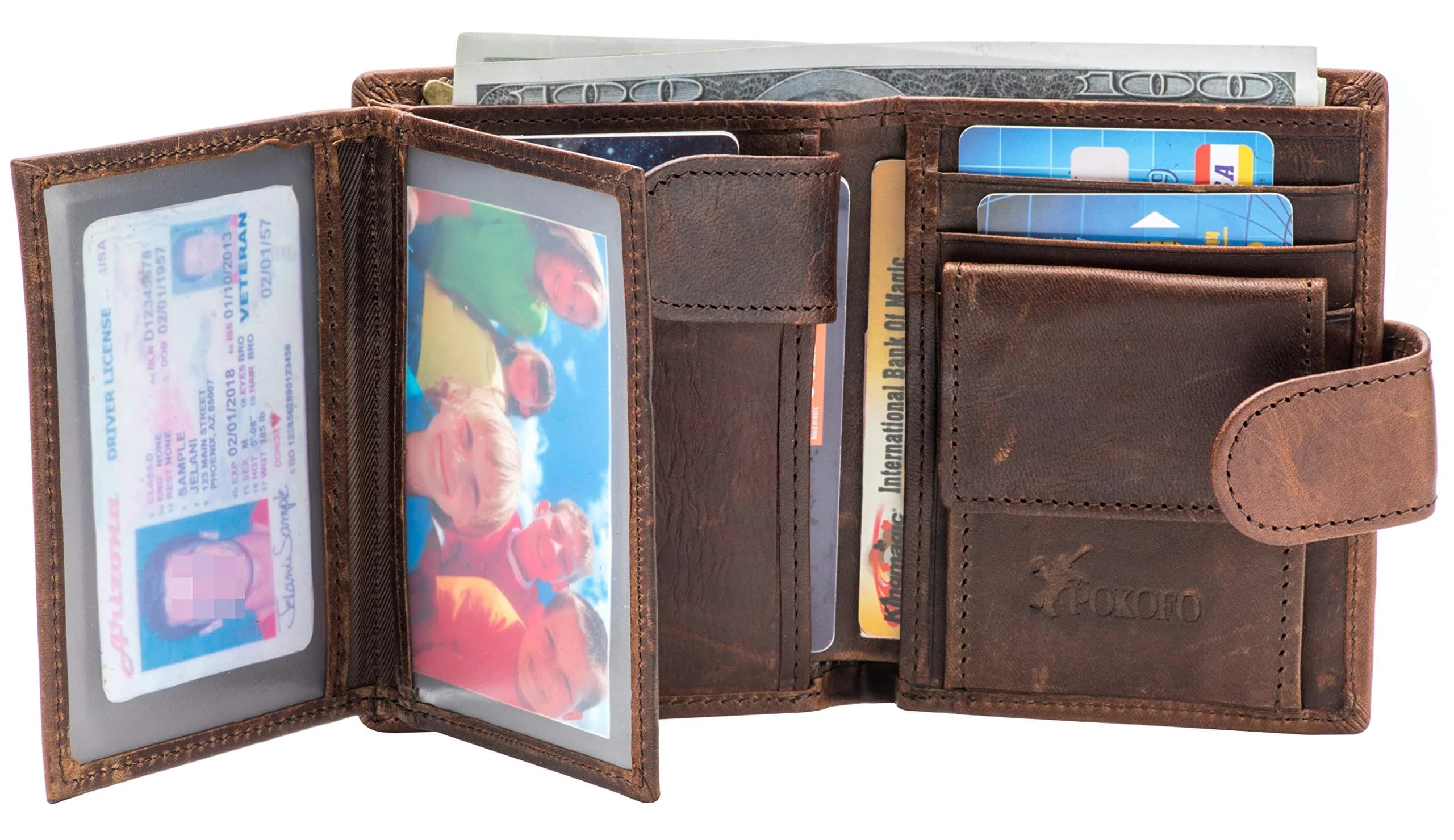 POKOFO Coffee Regular Size Genuine Leather Trifold Wallet for Men with RFID Blocking & Snap Closure - view 3