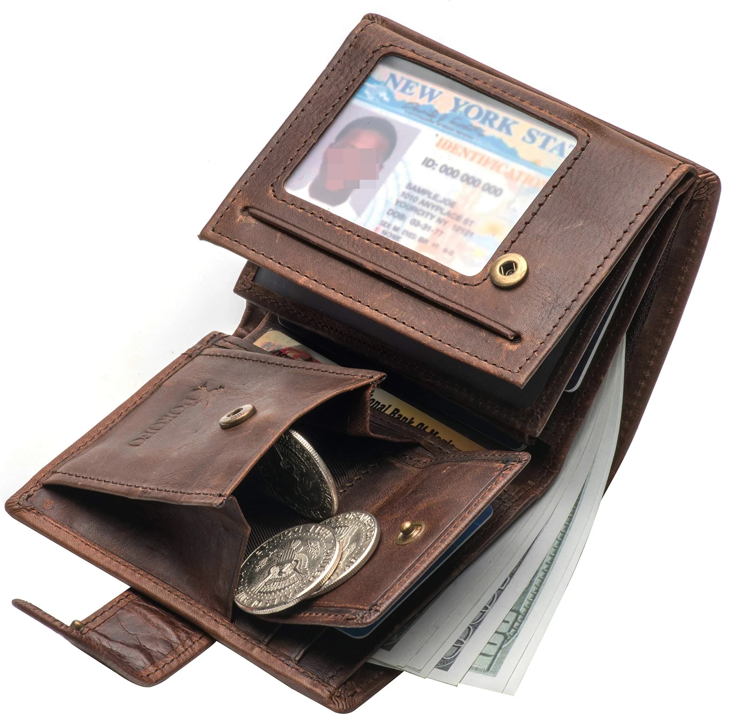 POKOFO Coffee Regular Size Genuine Leather Trifold Wallet for Men with RFID Blocking & Snap Closure - view 4