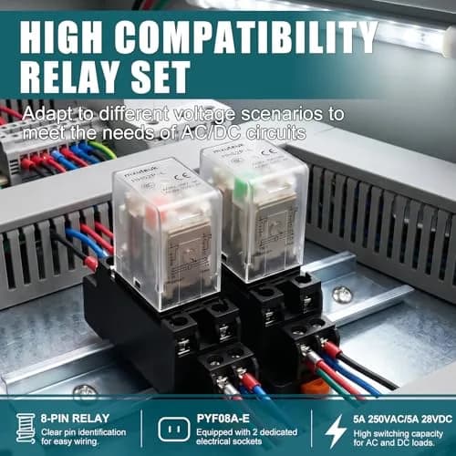 mxuteuk 8 Pin DPDT Electromagnetic Power Relay HH52P DC 12V Coil 5A with Socket & DIN Rail Mount (2-Pack) thumbnail 3