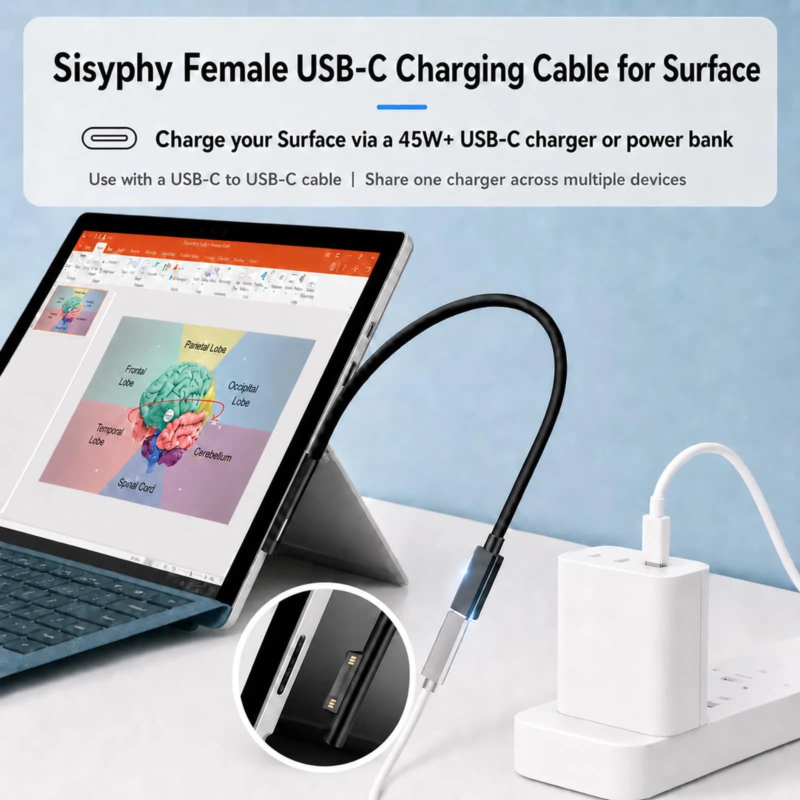 Sisyphy Surface Connect to USB-C Charging Cable 20cm (0.7ft) | Charge Surface Pro with USB-C PD Charger - view 2