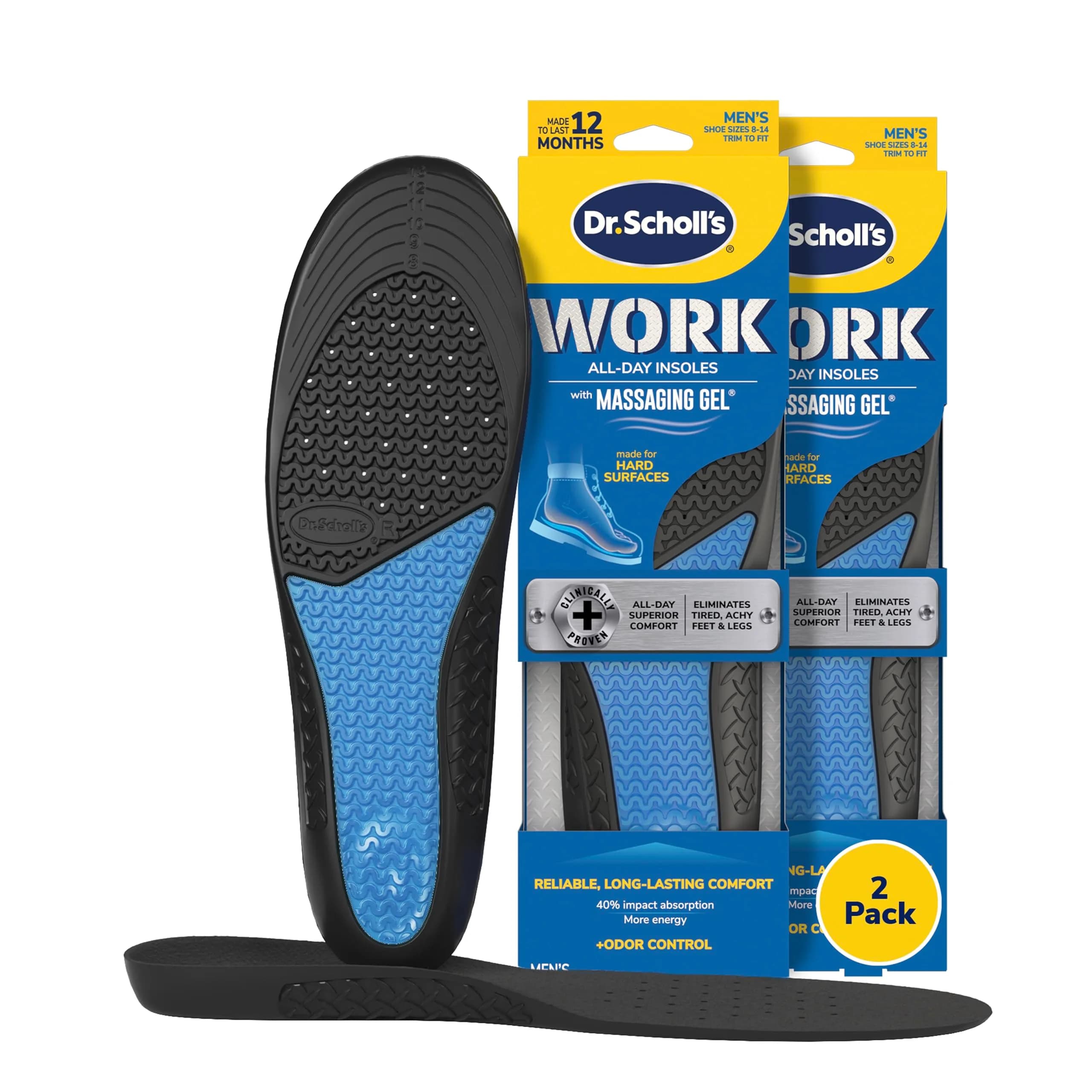 Dr. Scholl's Work Insoles for Men | All-Day Shock Absorption & Reinforced Arch Support | 2 Pairs (362.9 g / 0.8 lb) - main product image