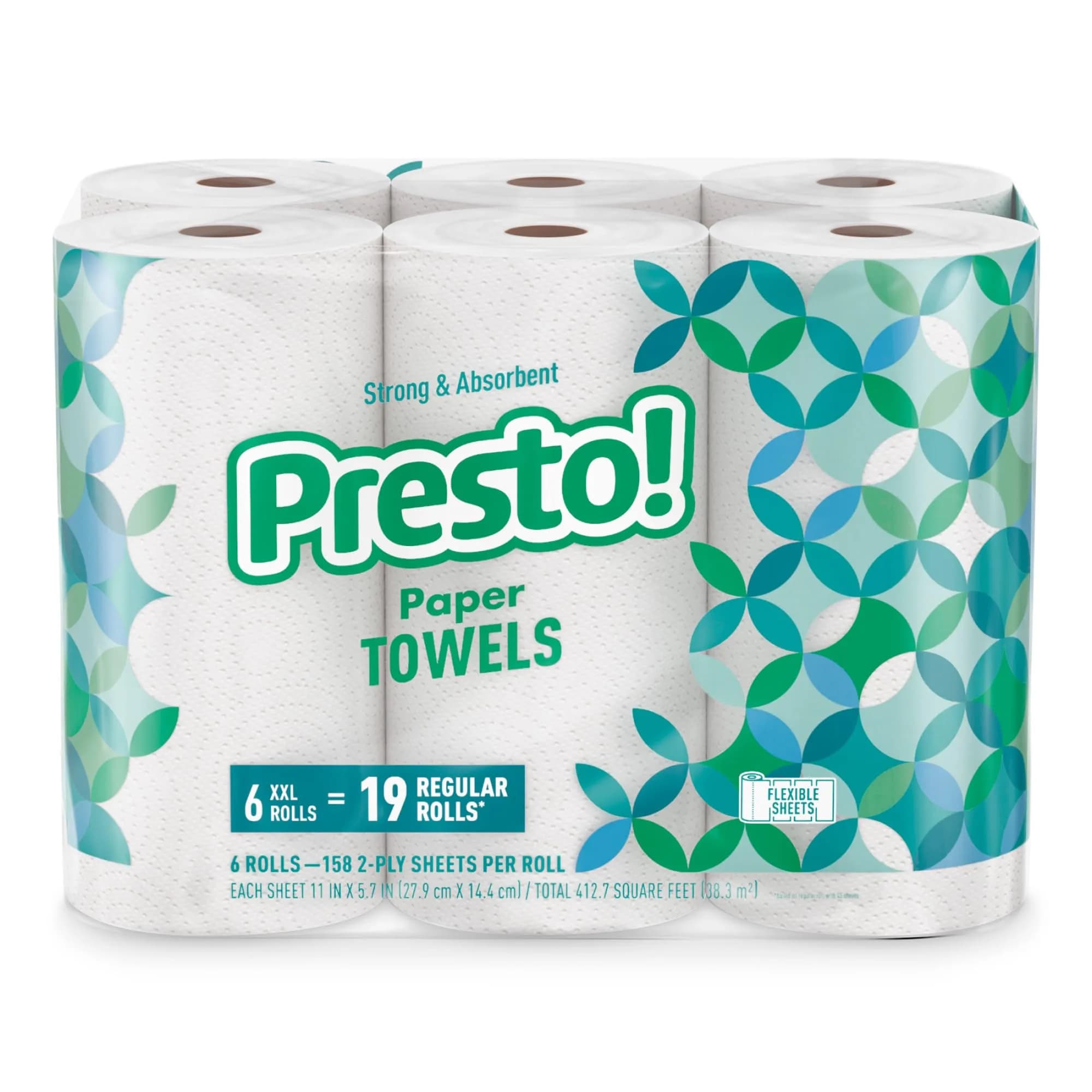 Presto! Ultra-Strong Premium Paper Towels 6 Rolls | 158 Sheets per Roll, White, Flex-a-Size, Equivalent to 19 Regular Rolls - main product image