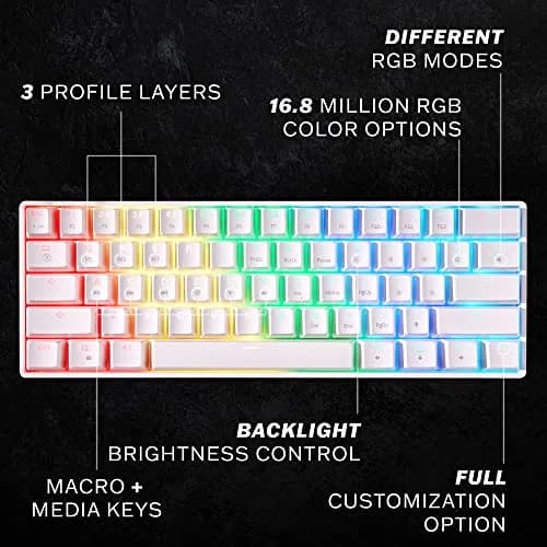 HK GAMING GK61 Mechanical Gaming Keyboard - 61 Keys RGB Backlit, Gateron Optical Brown Switches, White | Compact, Programmable, Wired thumbnail 2
