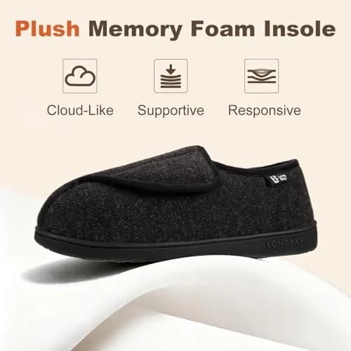 LongBay Women's Adjustable Memory Foam Slippers Black | Wide Fit, Orthopedic Support thumbnail 5