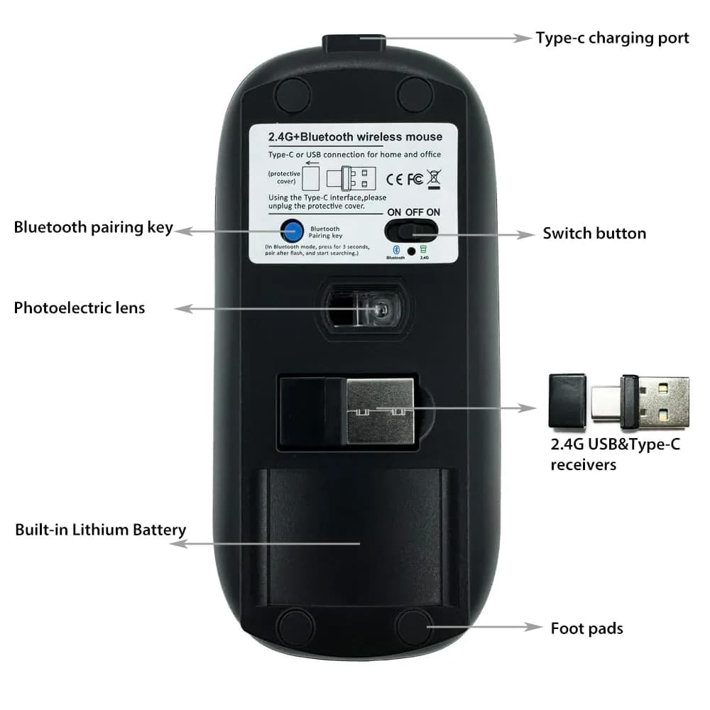 KLO Rechargeable Wireless Mouse | Bluetooth 5.2/3.0, USB-C/2.4G, 1600 DPI, Black - view 5