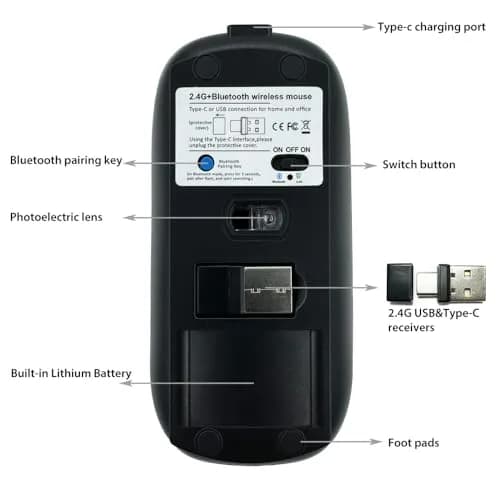 KLO Rechargeable Wireless Mouse | Bluetooth 5.2/3.0, USB-C/2.4G, 1600 DPI, Black thumbnail 5