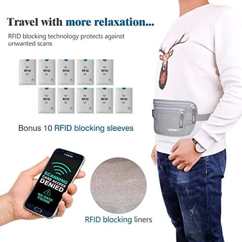 LANNEY RFID Blocking Money Belt with 10 Bonus Card Sleeves | 10.2 inch (25.9 cm) Length, Silver Gray thumbnail 5