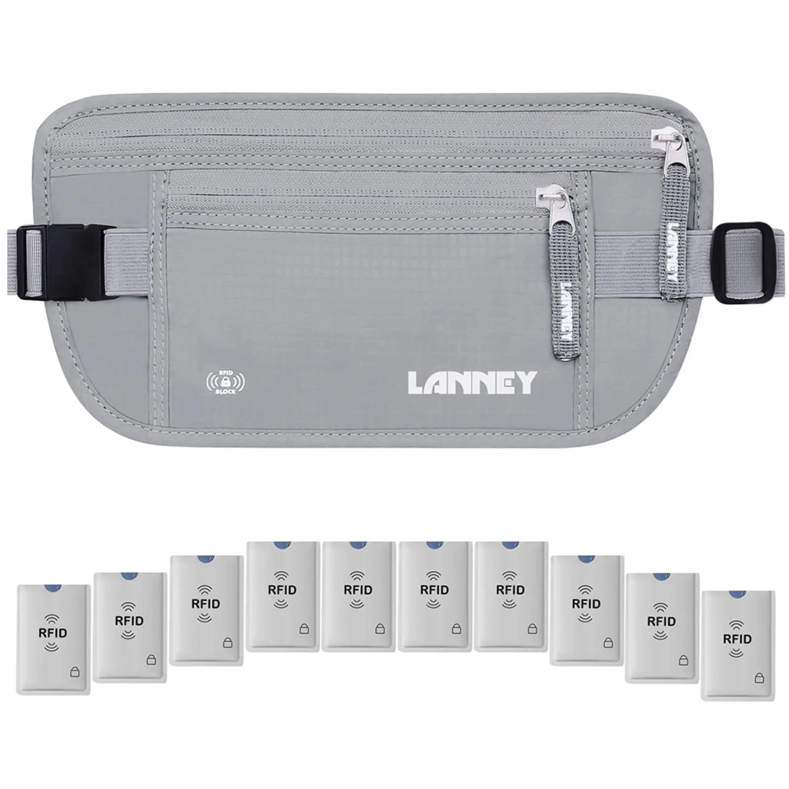LANNEY RFID Blocking Money Belt with 10 Bonus Card Sleeves | 10.2 inch (25.9 cm) Length, Silver Gray