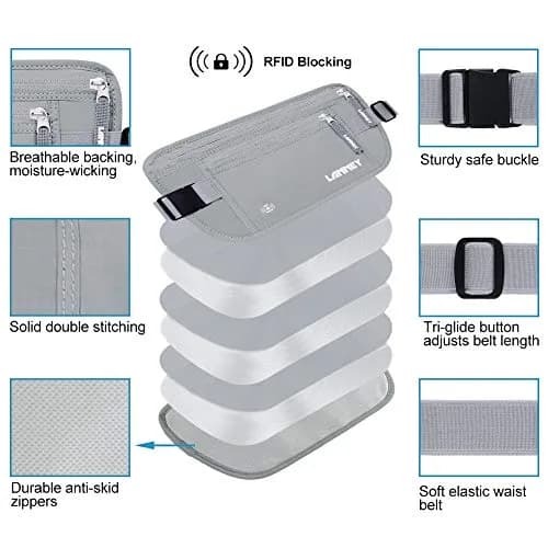 LANNEY RFID Blocking Money Belt with 10 Bonus Card Sleeves | 10.2 inch (25.9 cm) Length, Silver Gray thumbnail 2