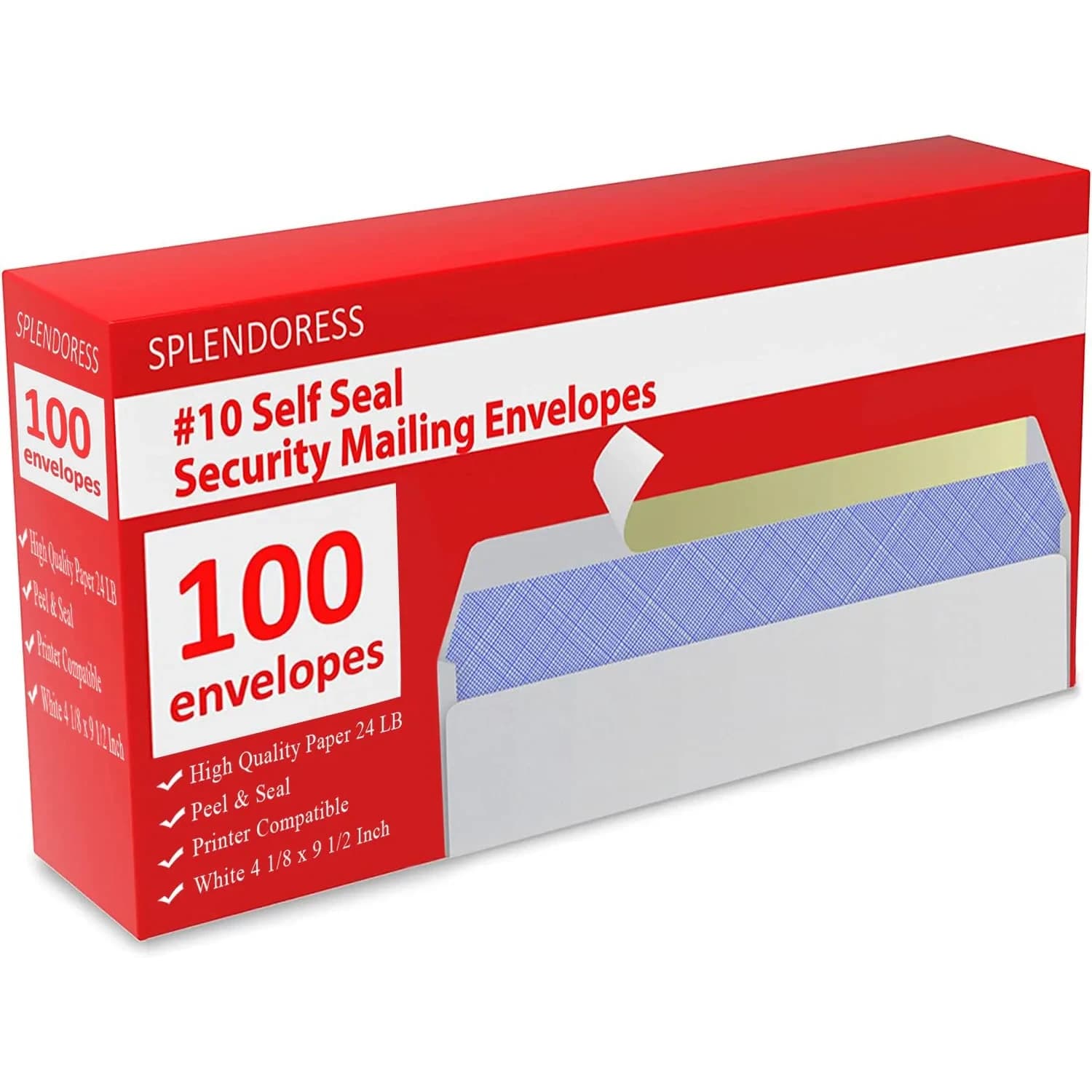 Splendoress Self Seal Envelopes #10 Size (4-1/8 x 9-1/2 Inches) | 100 Pack Business Mailing Security Peel and Seal — 100