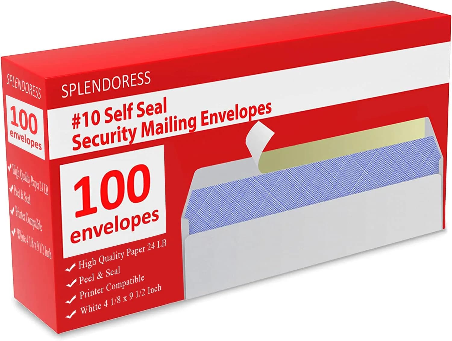 Splendoress Self Seal Envelopes #10 Size (4-1/8 x 9-1/2 Inches) | 100 Pack Business Mailing Security Peel and Seal - main product image