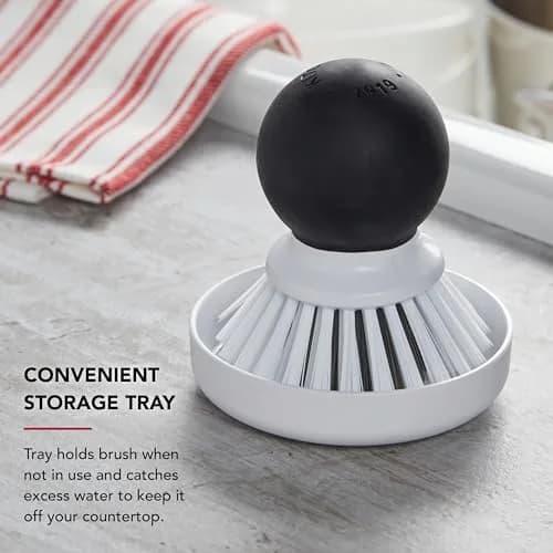 KitchenAid Palm Brush with Dish Tray | Durable Nylon Bristles for Tough Cleaning, Dishwasher Safe, 2 Piece, Black thumbnail 4