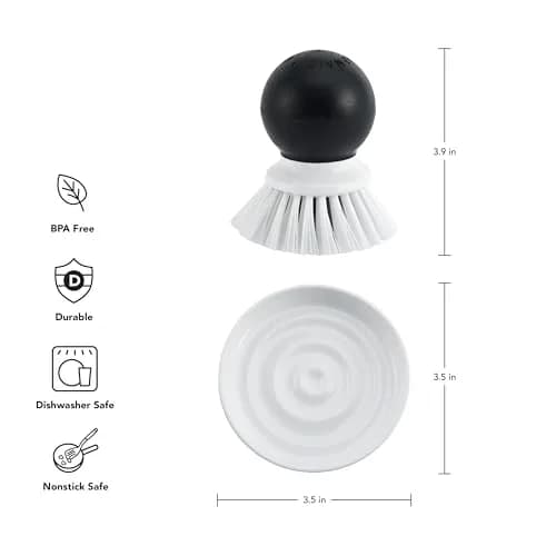 KitchenAid Palm Brush with Dish Tray | Durable Nylon Bristles for Tough Cleaning, Dishwasher Safe, 2 Piece, Black thumbnail 2