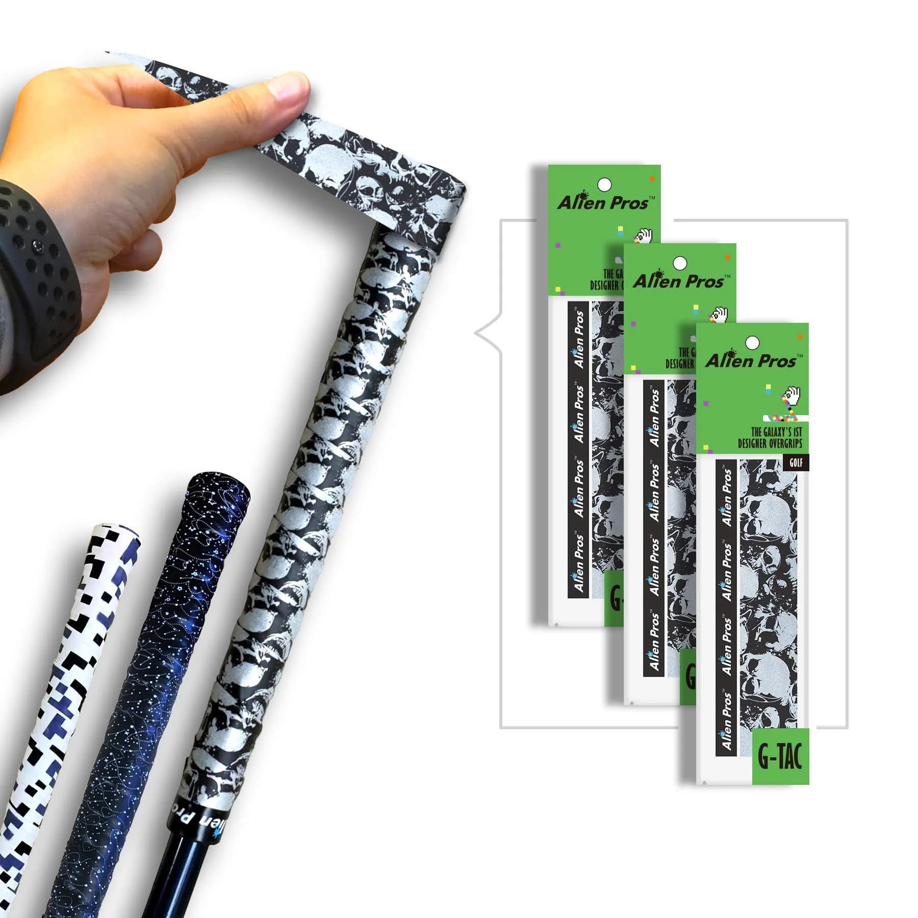 ALIEN PROS Skull Black Golf Grip Wrapping Tapes (3-Pack) 2.54 cm (1 inch) Wide | Re-grip in Under 1 Minute