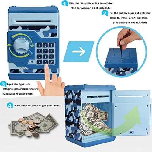 Qwifyu Money Bank for Kids 4-10 Years | Electronic Password Safe ATM Toy (Camouflage Blue) thumbnail 8