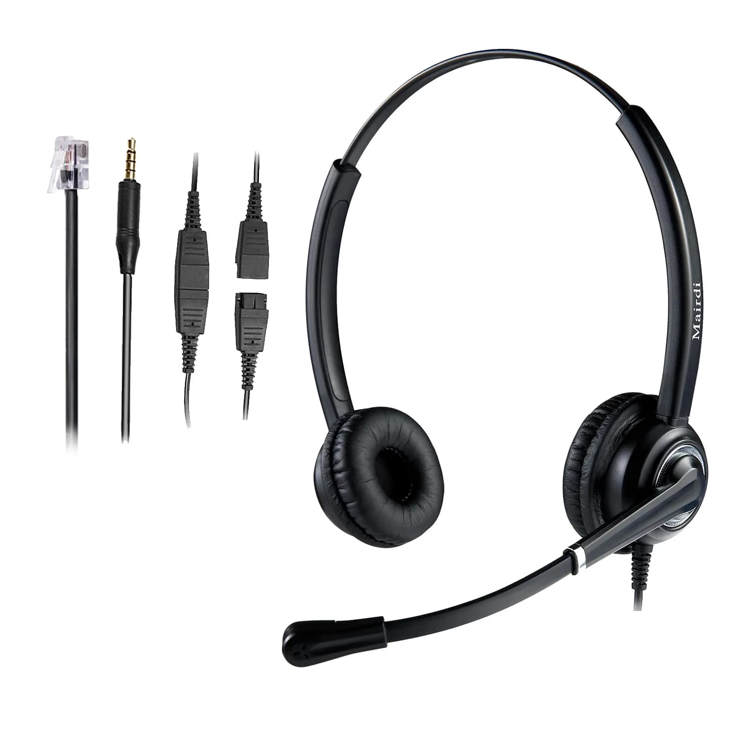 MAIRDI Telephone Headset with RJ9 & 3.5mm Jack | Noise Canceling Mic for Call Centers & Office (70-120 chars) — Black