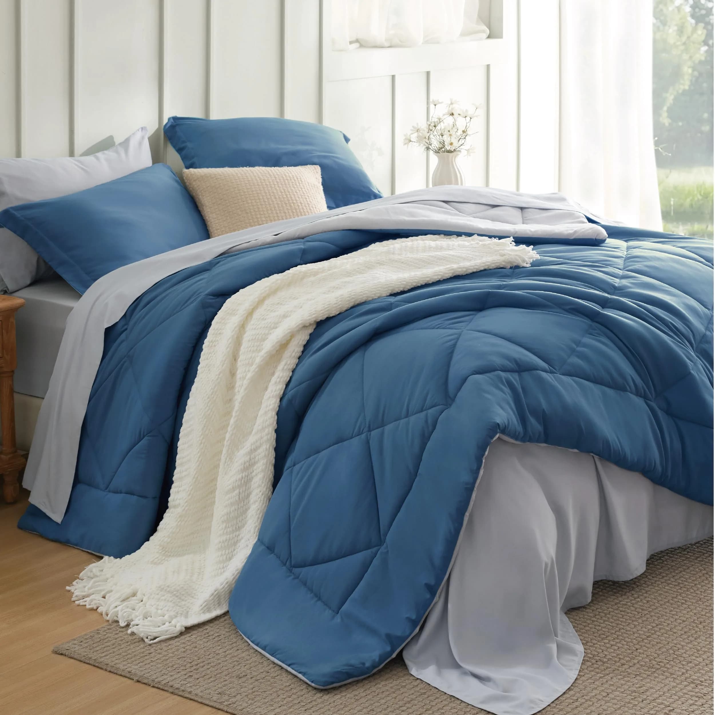 Bedsure Queen Bed in a Bag Reversible Comforter Set 7 Pieces | All-Season Microfiber Bedding — 12 Slate Blue/Light Grey / Twin(68"x 88")