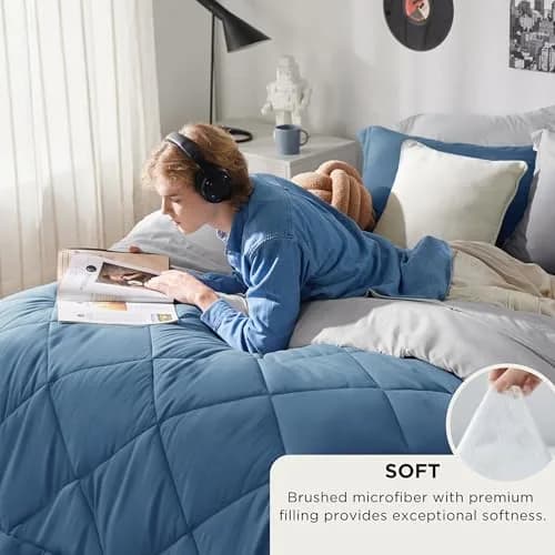 Bedsure Twin Comforter Set Reversible Bed Set 5 Pcs Slate Blue/Light Grey | All-Season Microfiber Bedding thumbnail 2