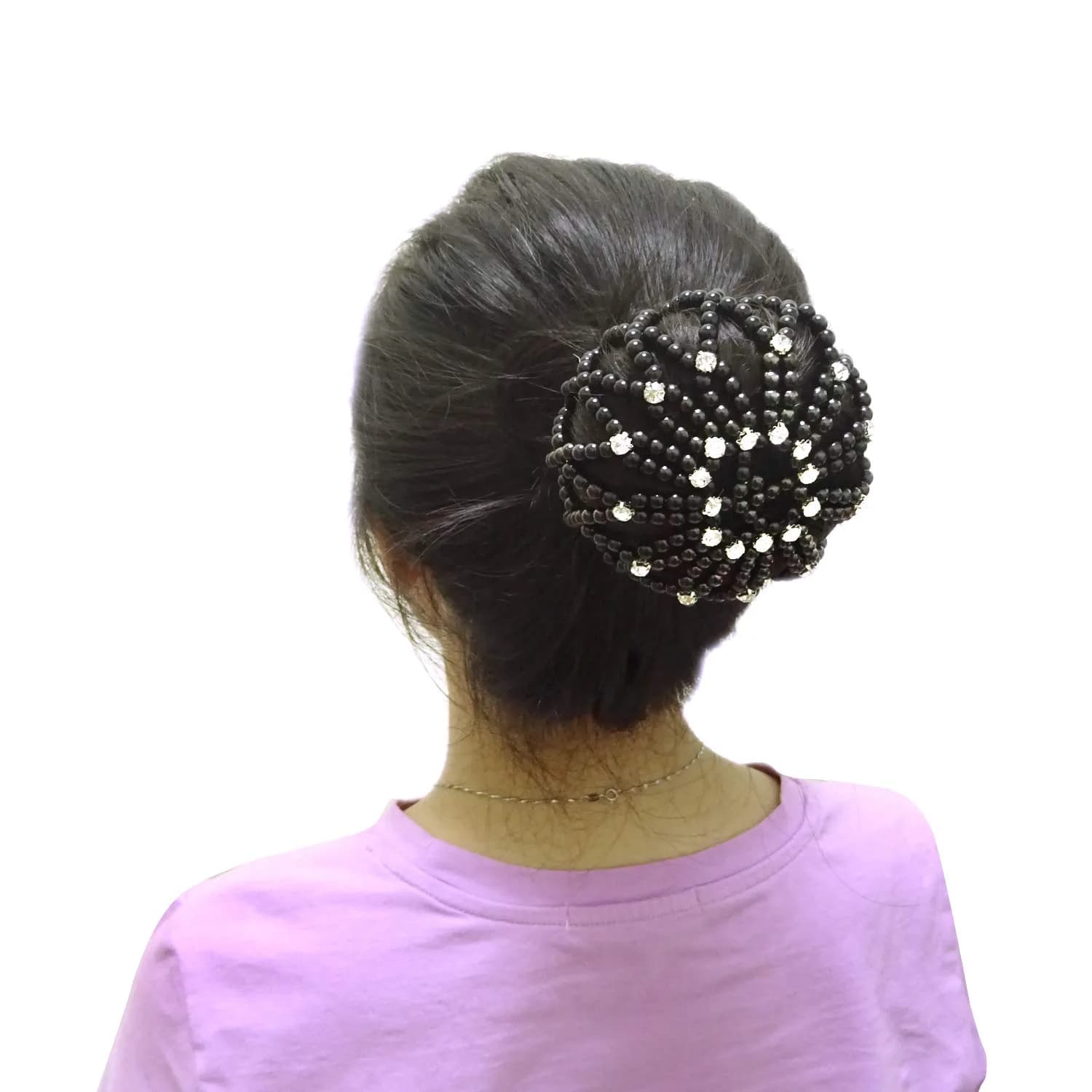 Honbay Hair Bun Cover Elastic Handmade Crochet Hair Net Snood with Pearls and Rhinestones for Ballet, Dance, Skating, etc (Black) | Elegant Hair Bun Accessory - main product image