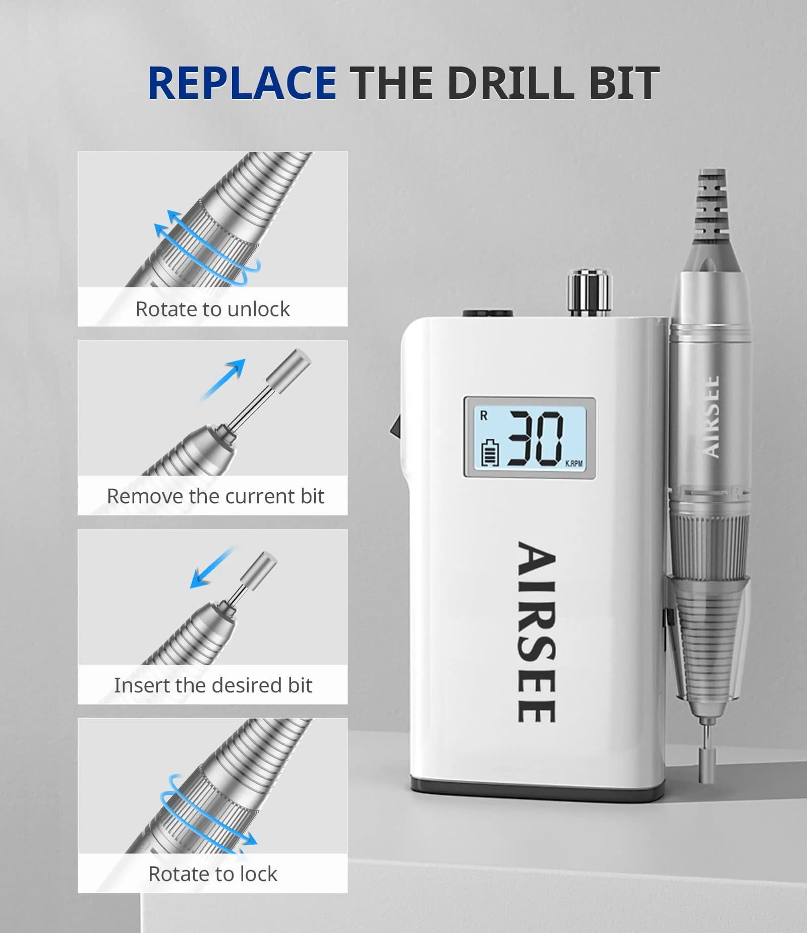 AIRSEE Rechargeable 30000RPM Electric Nail Drill, E8 White | Professional Salon & Home Use - view 6