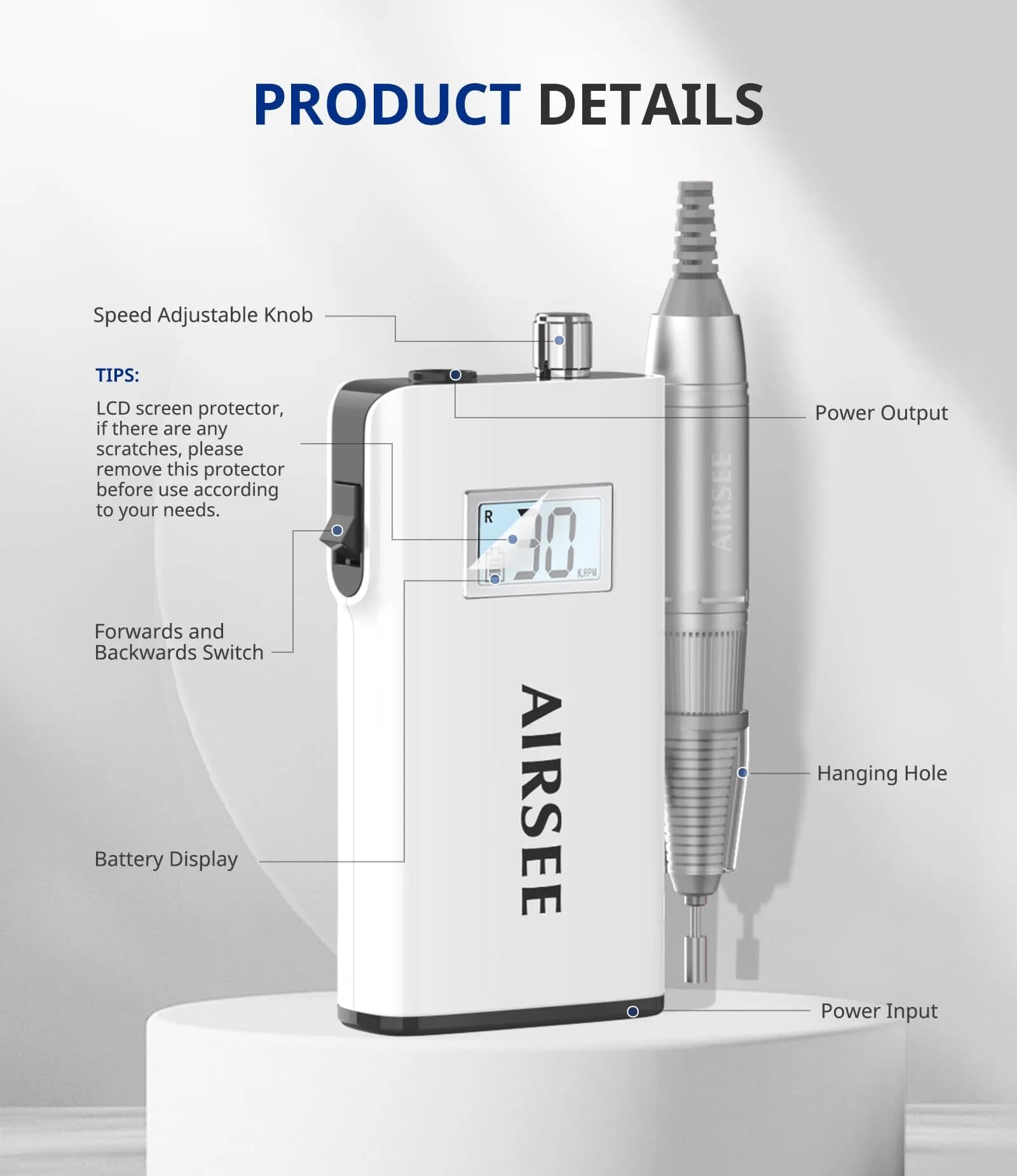 AIRSEE Rechargeable 30000RPM Electric Nail Drill, E8 White | Professional Salon & Home Use - view 3