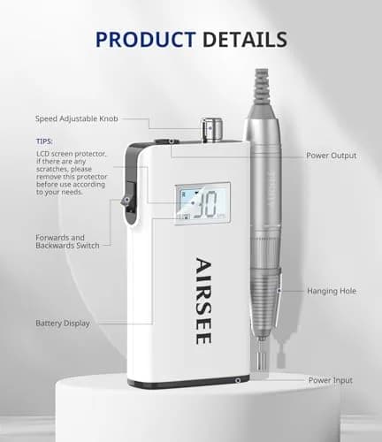 AIRSEE Rechargeable 30000RPM Electric Nail Drill, E8 White | Professional Salon & Home Use thumbnail 3